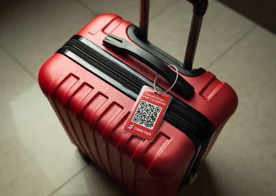 Un trolley rosso con targhetta QR sul manico